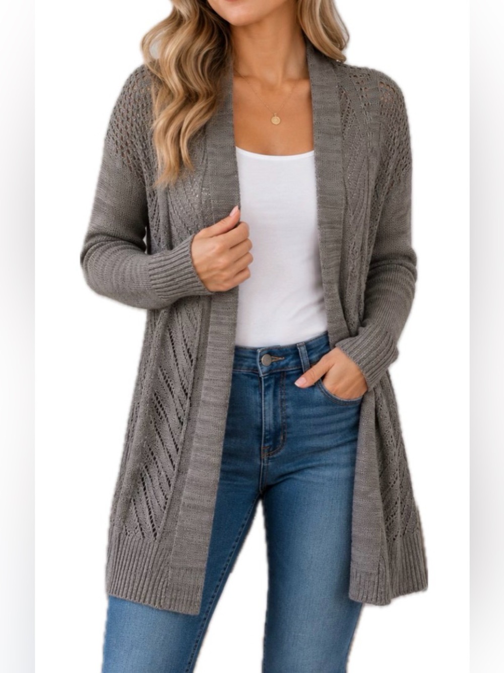 Leo & Nicole Women's Gray Solid Open Knit Open Front Cardigan Sweater S